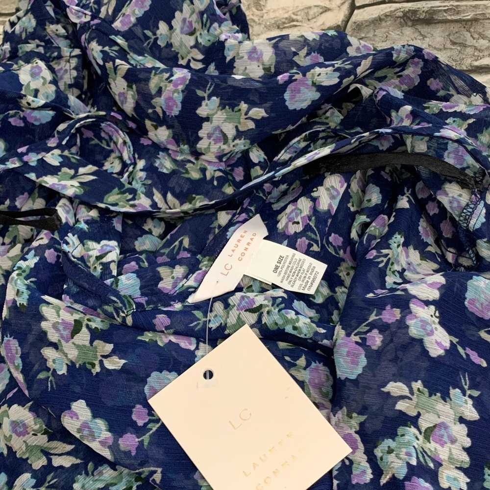 #50 NWT LC Lauren Conrad Boho Navy Blue Floral Sheer Duster Kimono Swim Cover-Up - Picture 3 of 4